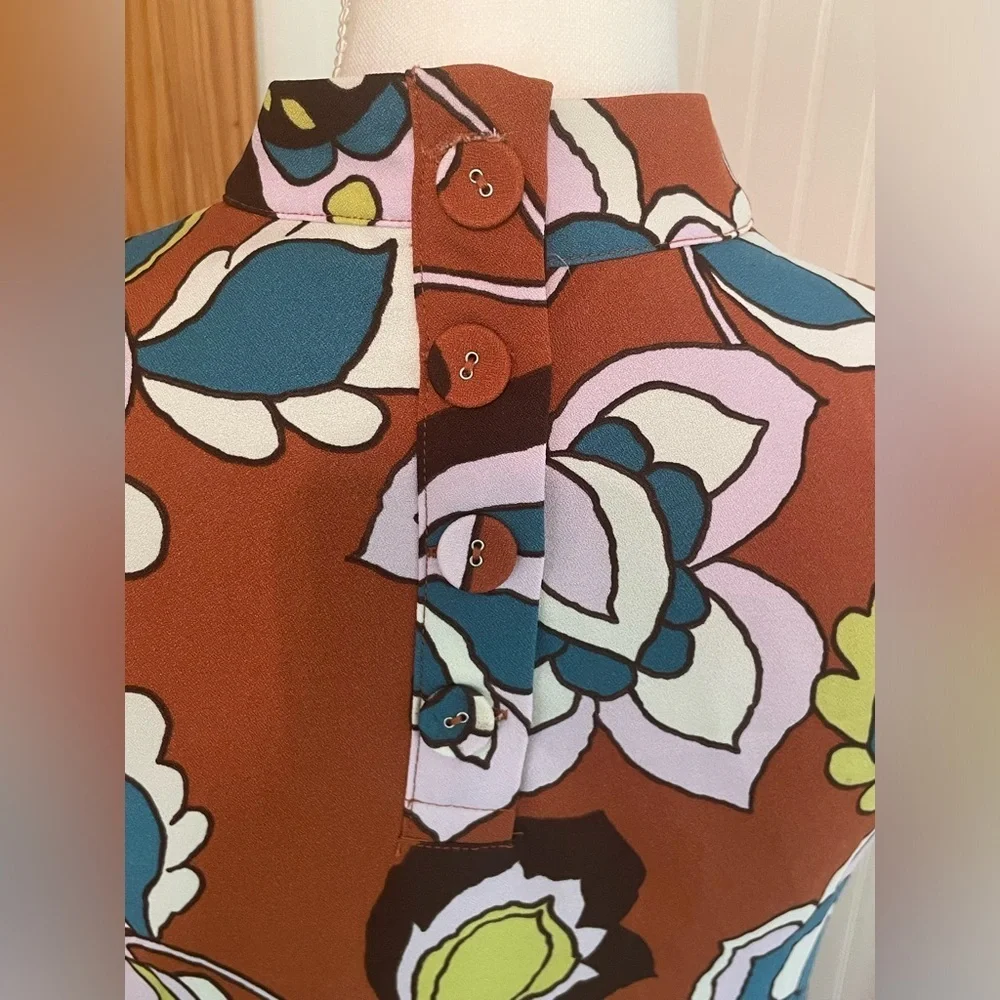 ModCloth In With Excitement Brown Floral Mock Neck Dress Size Small - Picture 4 of 10